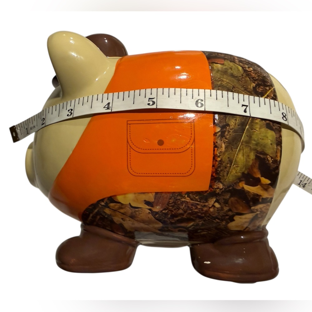 Large Piggy Bank with Mossy Oak Camo Hat and Orange and Camo Clothing. F.A.B. NY - Picture 9 of 13